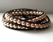 Leather Wrap Bracelet- Triple Wrap Beaded Bracelet- CHELSEA in Pale Gold Pearls