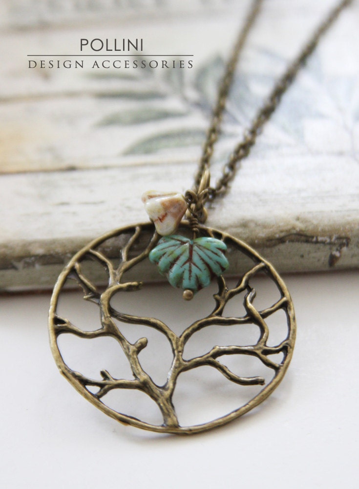 Tree of Life. Vintage Long Neckalce with Czech Glass Maple Leaf and Flower (VNL-04)