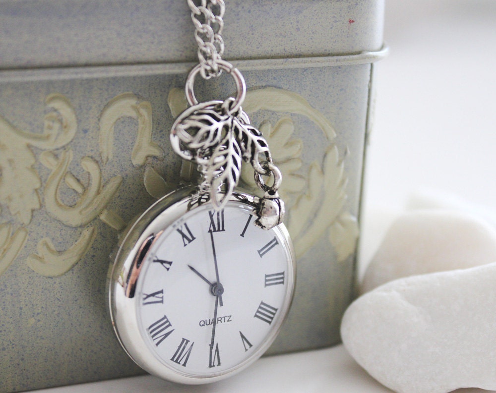 Sunday Morning. Silver Pocket Watch Necklace Decorated with Leaf and Ladybird Charm. Precious Time Series. (PW-46)