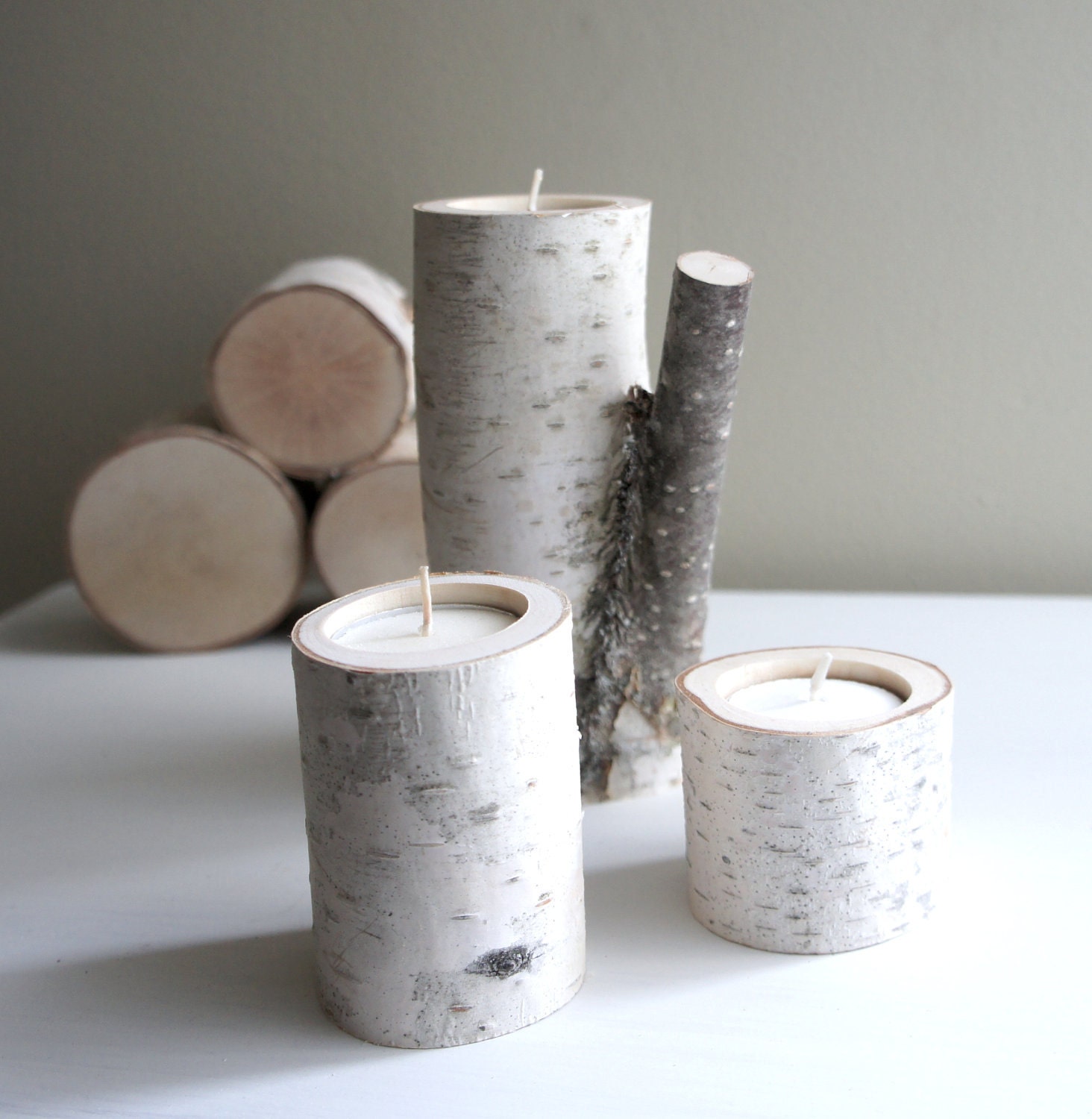 natural white birch wood candle holders - set of 3
