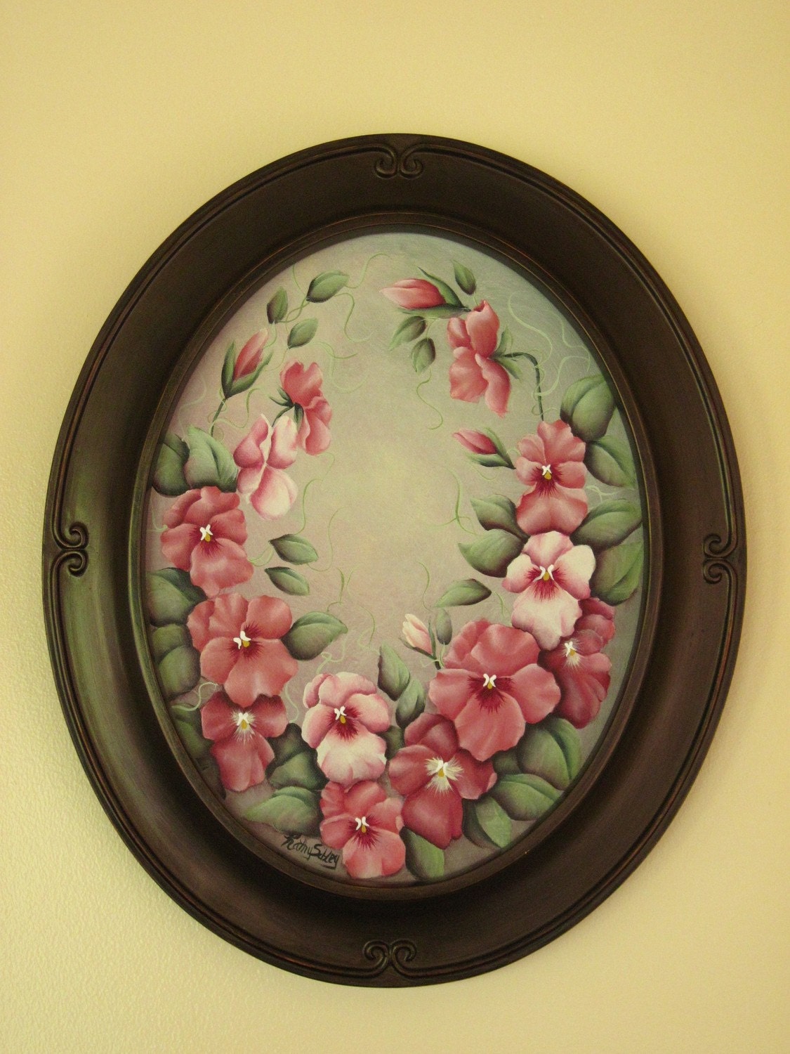 Pink Pansies Painting, Origian Artwork,  Oval Canvas and Frame, 14 x 17