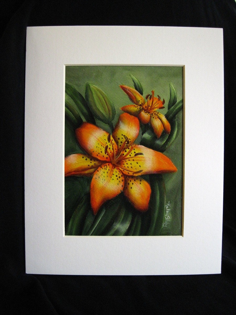 Orange Day Lilies, Original Painting,  Matted 8 x 10