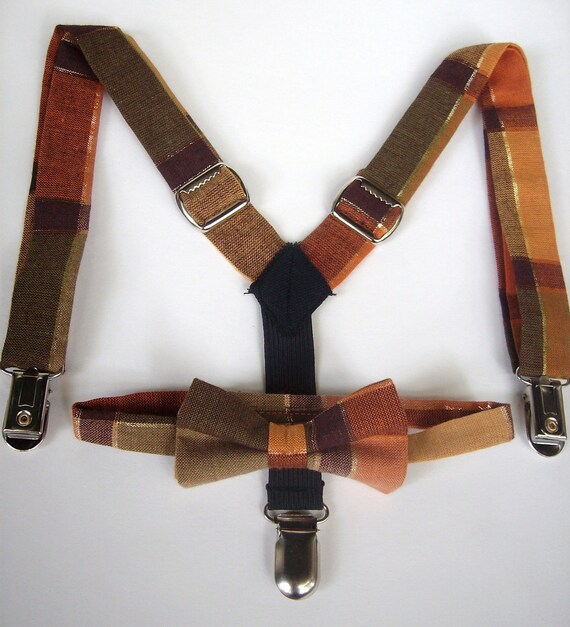 bow tie and suspenders for toddler boy - harvest green gold orange plaid