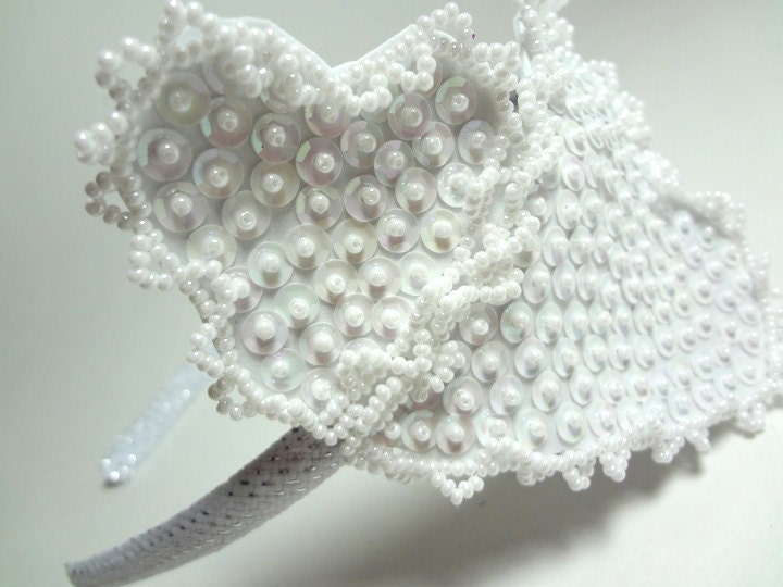 White Hearts Sequin Headband Beaded Hair Accessory - MegansBeadedDesigns