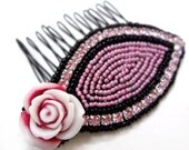 Pink Rose Rhinestone Comb - Black Beaded Hair Comb - MegansBeadedDesigns