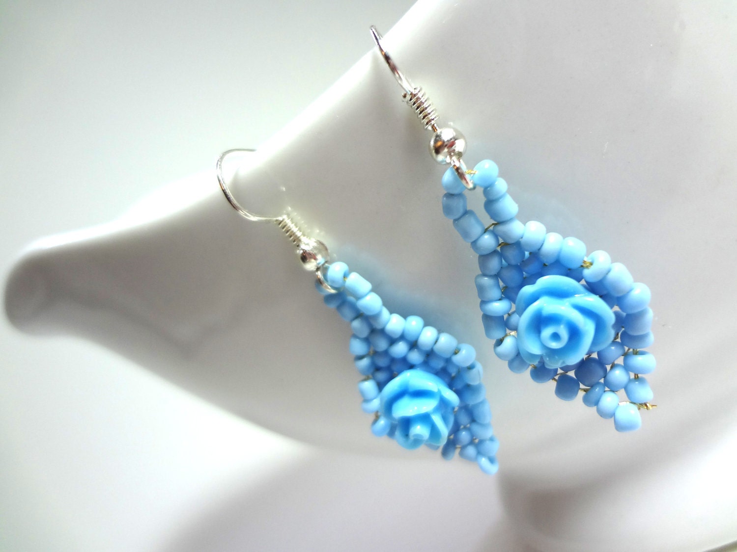 Cute Sky Blue Rose Earrings - On Silver Plated Hooks or Clip Ons
