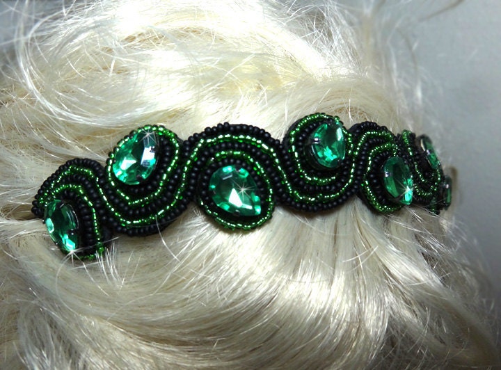 Green Rhinestone Headband - Beaded Hair Accessory