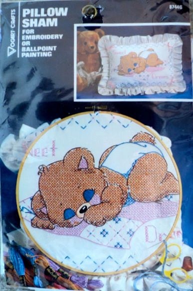Vintage - Baby Bear Stamped Counted Cross Stitch Embroidery Pillow Sham - Yogart Crafts