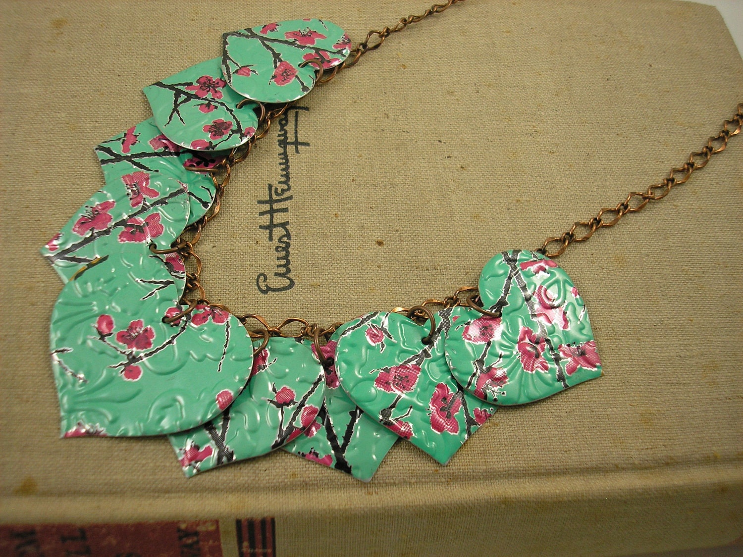 9 Heart Necklace.  DOUBLE-sided and Embossed.  Recycled Soda Can Art.  Arizona Tea