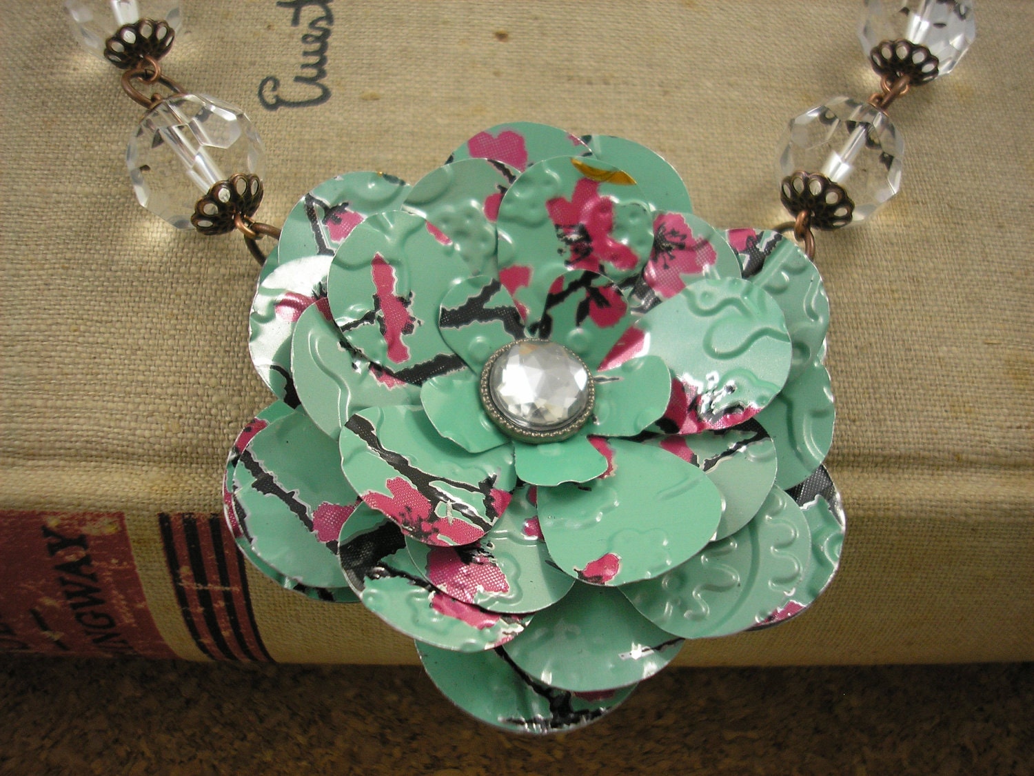 AZ Tea Rose and Crystal Bead Necklace. Recycled Soda Can Flower Art.