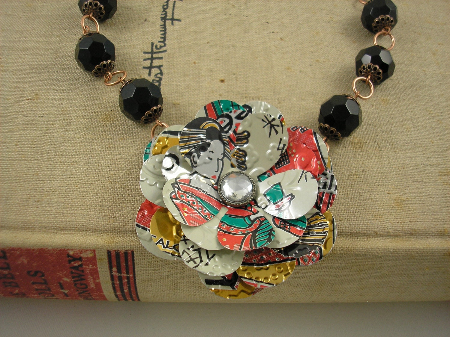 Geisha Rose and Black Bead Necklace . Recycled Soda Can Art. AZ Tea