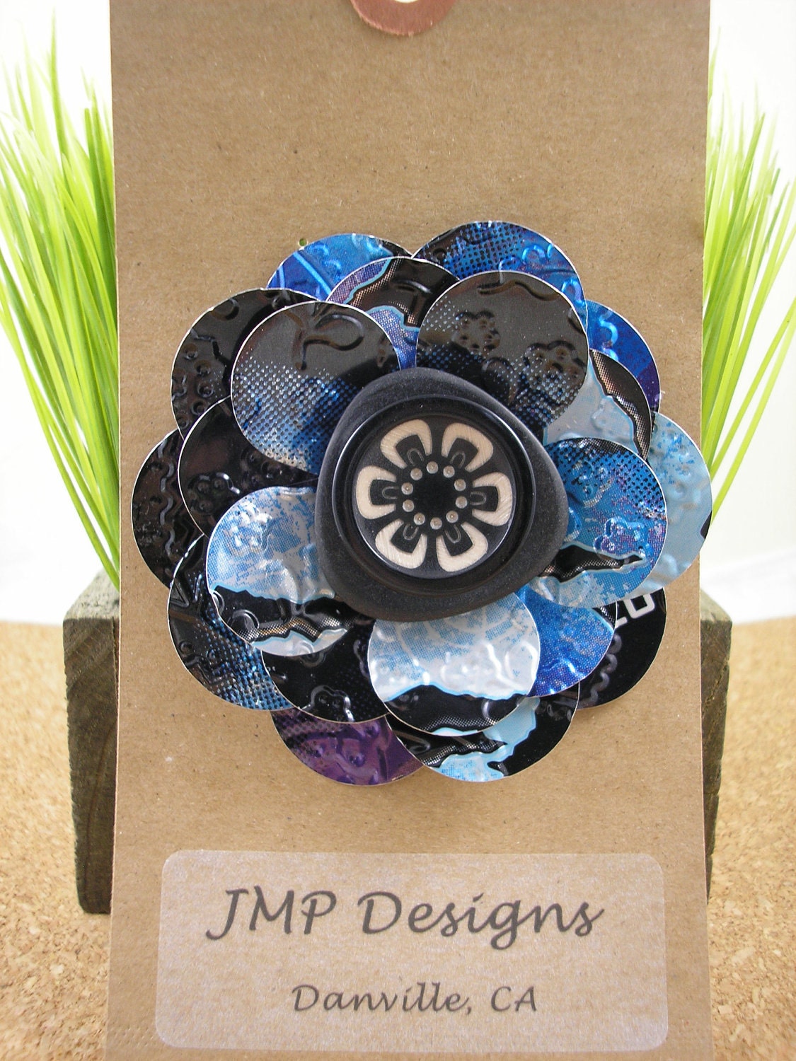 Recycled Soda Can Art. Blue Rose with Button Brooch/Pin. Monster Blue Flower