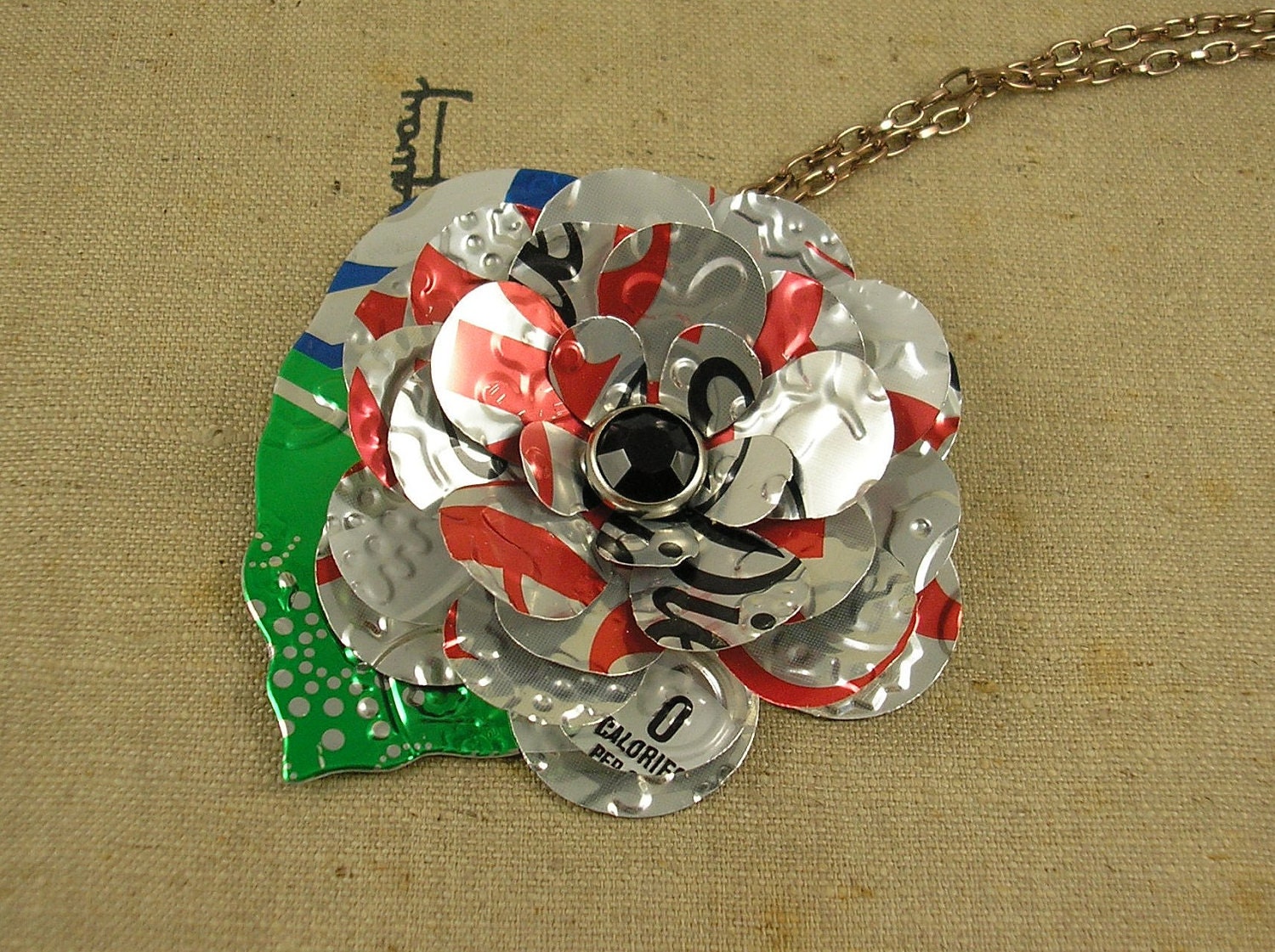 TRENDY 30 inch Pendant Necklace. RecycledcSoda Can Art - Diet Coke Flower and Leaf