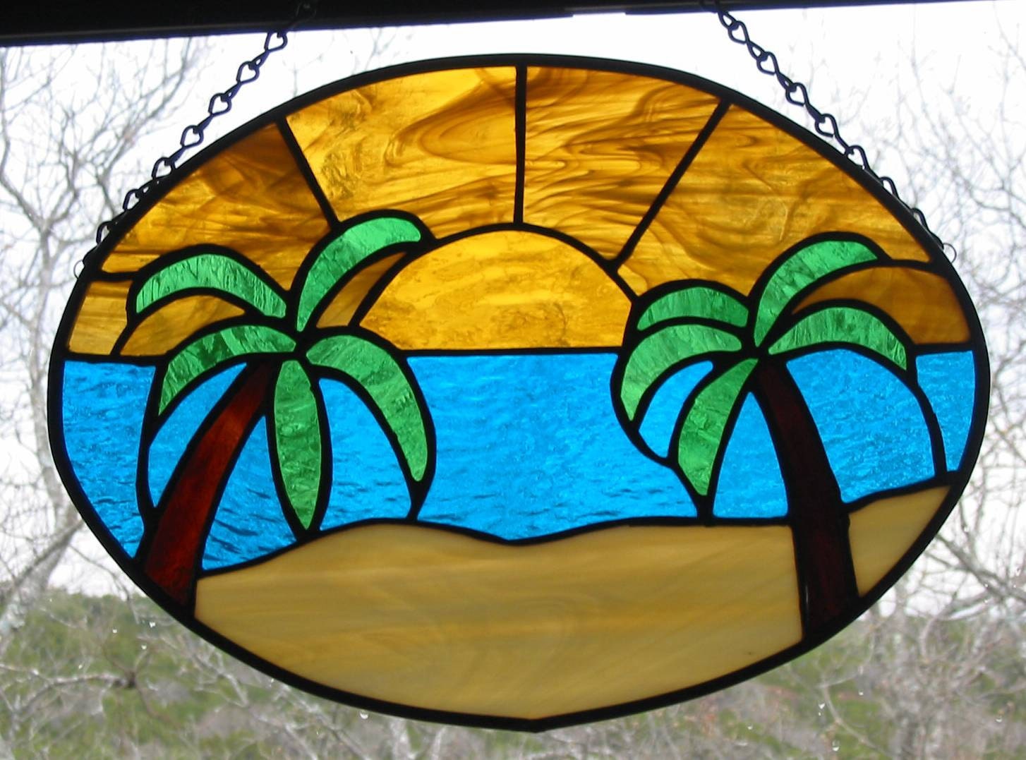 Tropical Stained Glass Sun Catcher/Panel  "Sunset at the Beach"  Sun Sandy Beach Palm Trees Ocean FREE SHIPPING