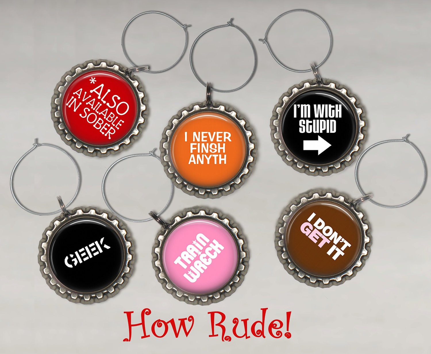 How Rude Wine Charms Set of SIX Wine Glass Charms