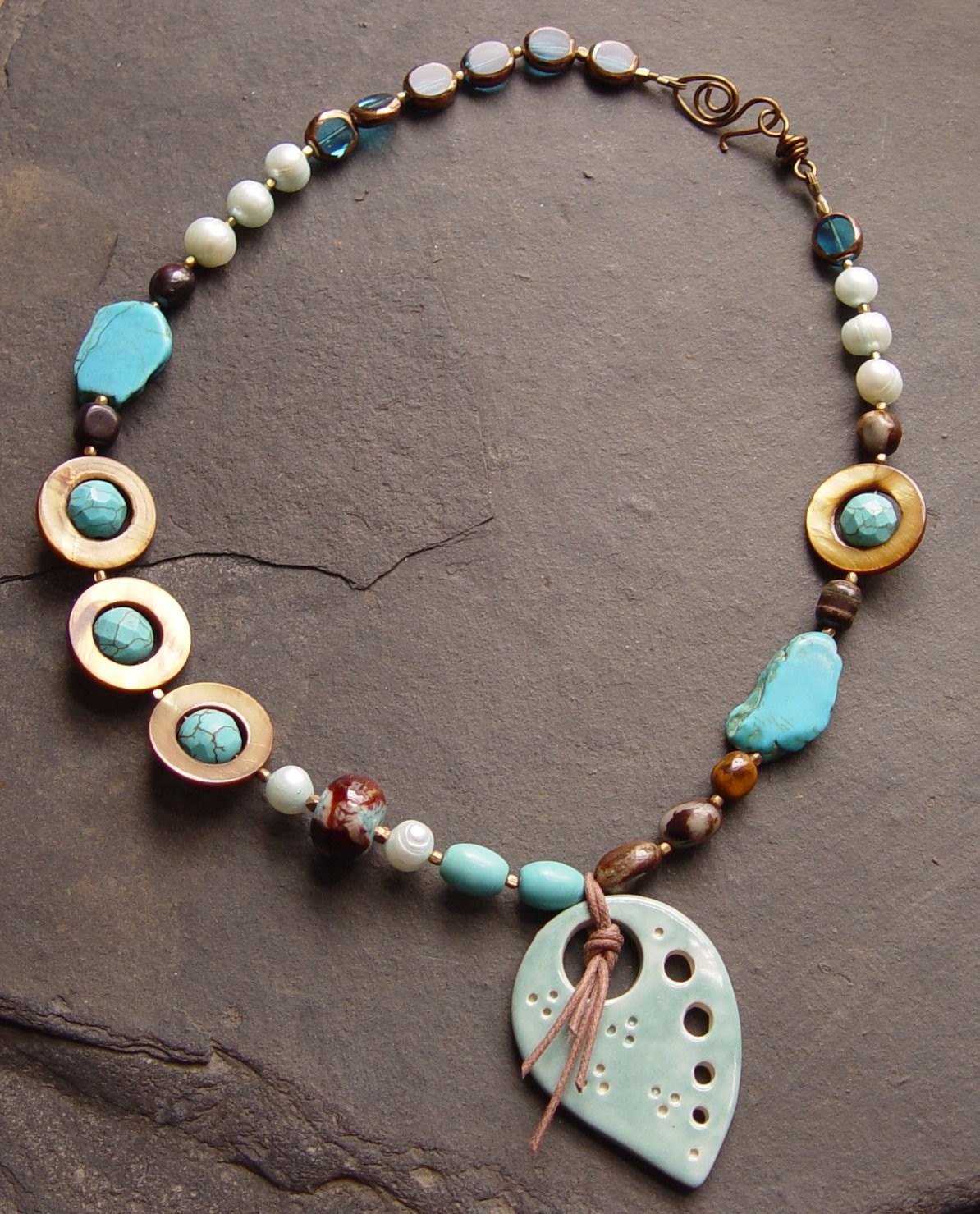 Turquoise Tears - Handmade Stoneware Pendant, Shell, Freshwater Pearls, Czech Glass, Gemstone Beaded Necklace Boho Southwest