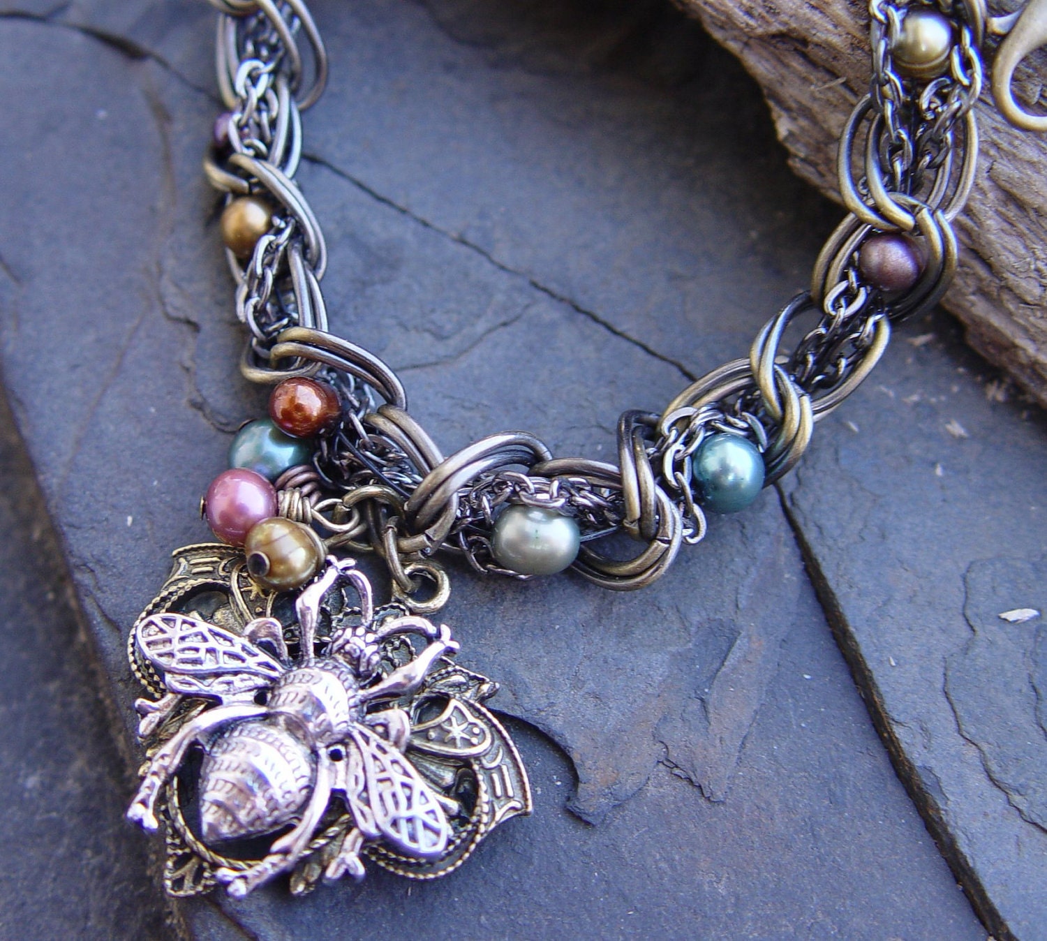 Pollinator  - Queen Bee, Pearls and Woven Mixed Metal Chain Necklace
