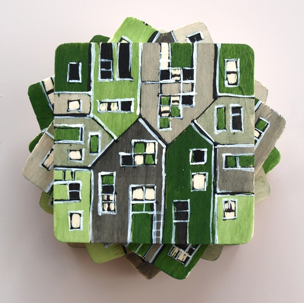 wood tile coasters hand painted green grey - archcessoires