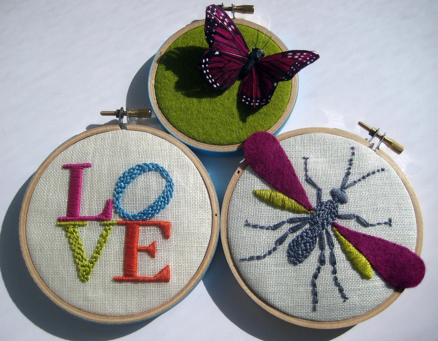 LOVE, Wasp and Butterfly hoop art (3 pieces) hand embroidered