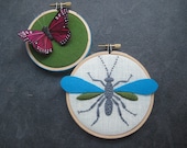 Hand Embroidered Wasp and Butterfly Hoop Art.  Aqua & Green