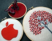 Apple Tree Trio - Apple Tree, Butterfly and Apple hand embroidered hoop art trio