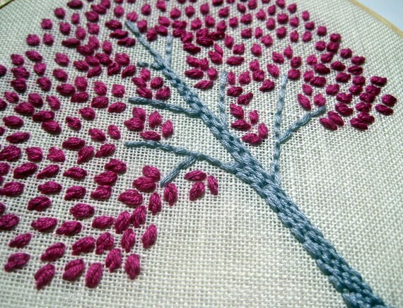 Tree Hoop Art - Hand Embroidered Wall Wear in 6 inch wood hoop.  Magenta