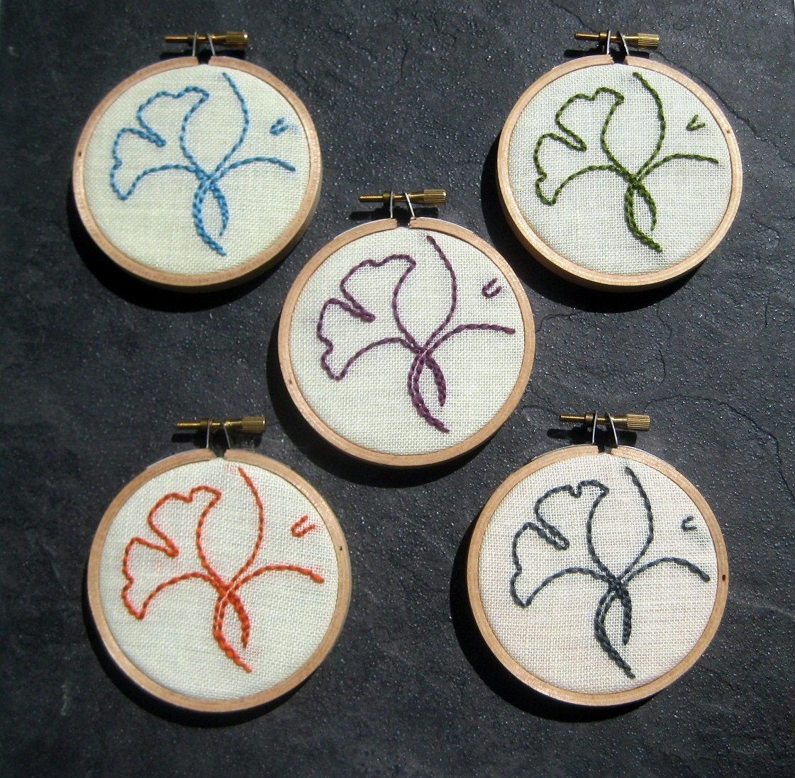 Lemon Lime Tree, LOVE and Ginkgo (3 pieces) hand embroidered hoop art