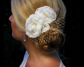 Islay bridal hair accessories, wedding hair accessories, Ivory Chiffon Floral Fascinator with French / Russian Tulle