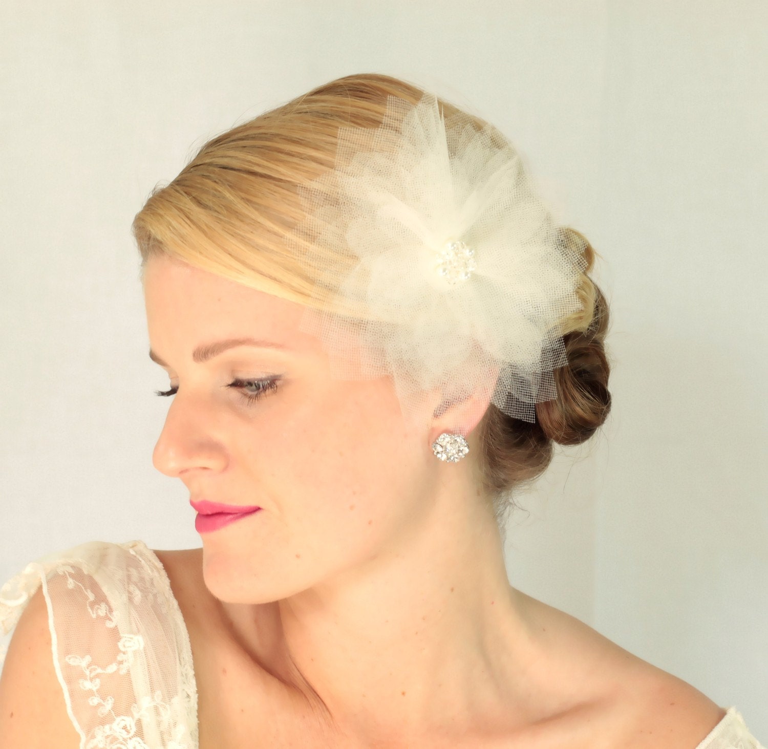 Bridal tulle hair flower , bridal hair accessories, wedding accessories, bridal hair