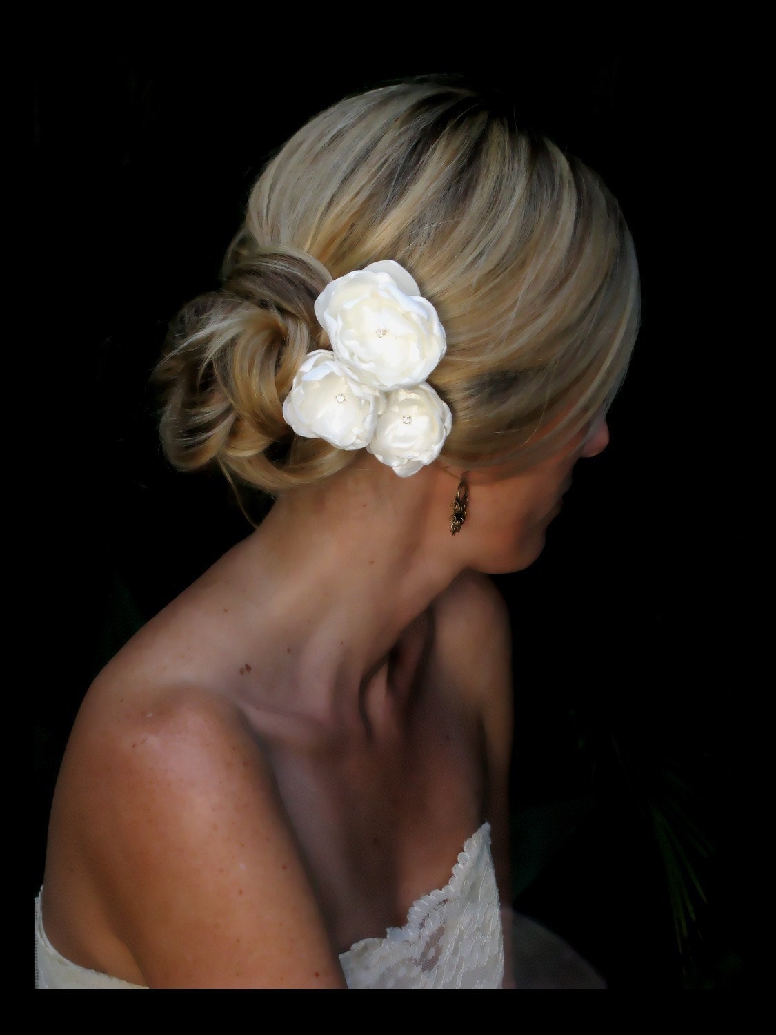 Kate bridal hair flowers,  ivory satin flowers with rhinestone centers, bridal hair accessories