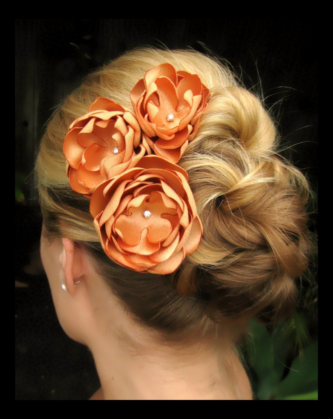 Dalila bridal hair accessories,  light golden orange satin flowers with rhinestone centers, bridal hair accessories, bridal hair flowers