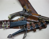 3IN  Brown Leather Pirate Pistol and Sword Baldric with Dagger Frog - Dredmorsplunder