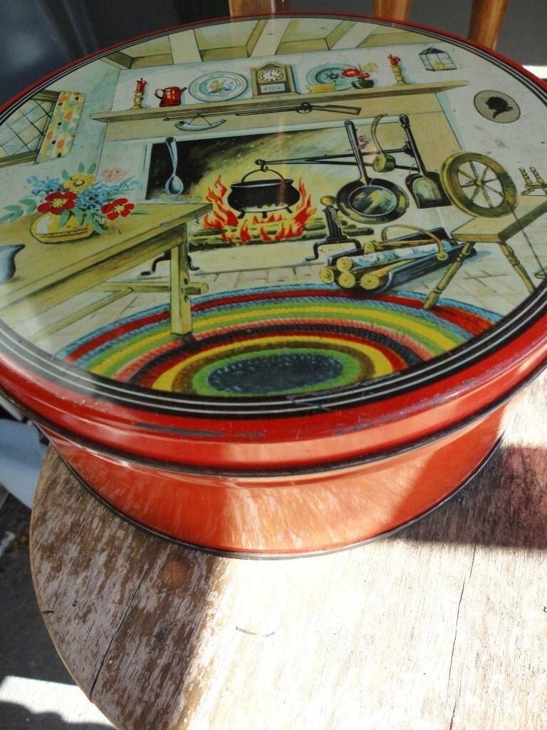 Wonderful Old Vintage Tin Red With Homey Scene
