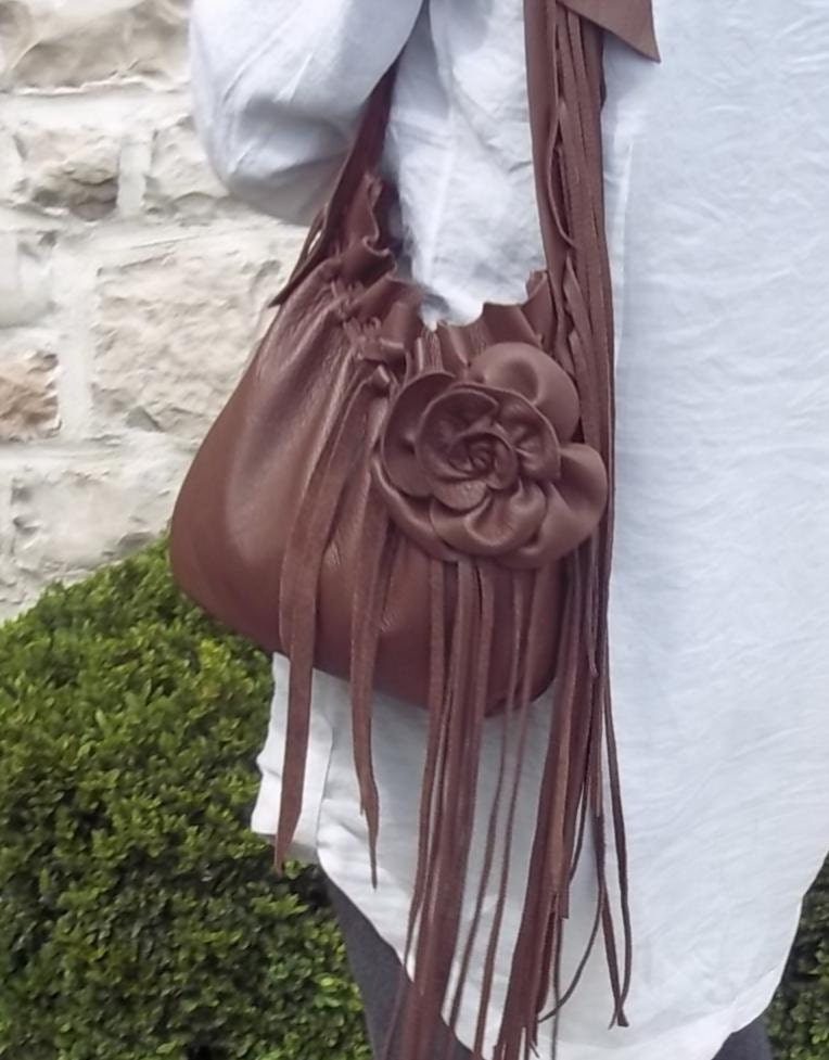 brown leather handbag, shoulder purse, messenger with flower, rose, fringe and ruffle, by Tuscada. Ready to ship.