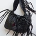 black leather handbag, shoulder purse,  boho with   flower, rose, fringe and ruffle by tuscada, made to order