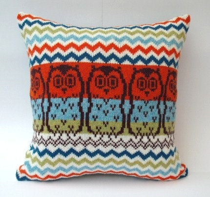 Owl Design Fairisle Knitted Cushion Pillow Bright Colours
