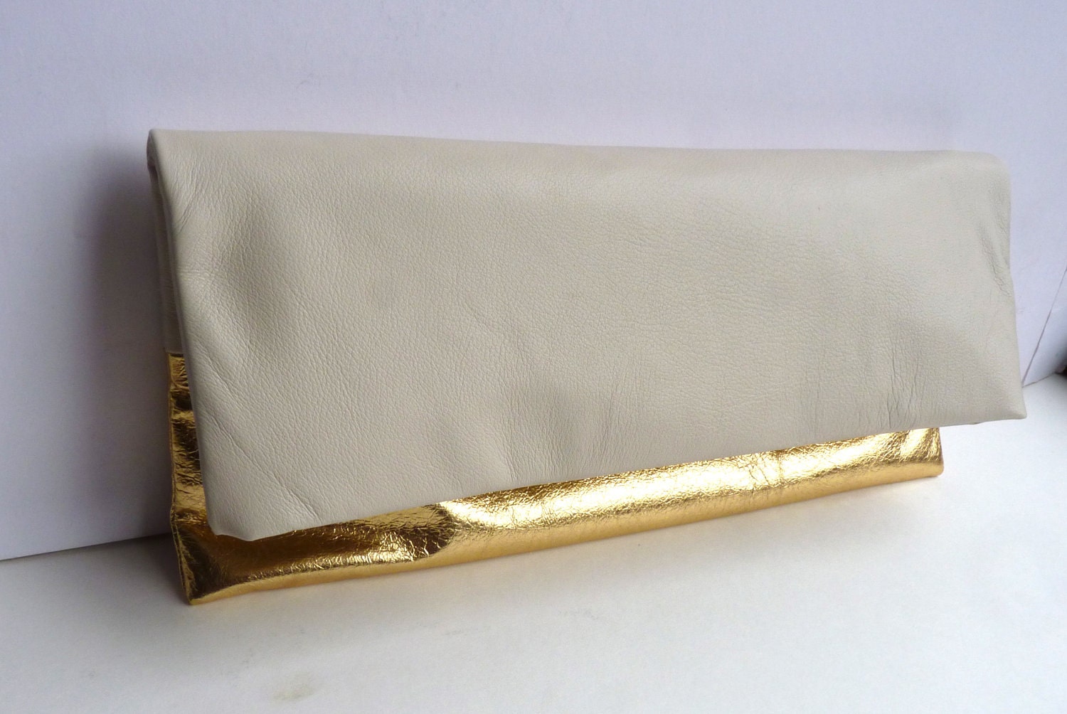 Two tone leather clutch purse, cream and metallic gold leather, large