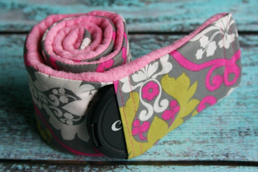 Camera Strap Cover with Lens Cap Pocket - Padded Minky - Pink and Green Damask with Pink- MADE TO ORDER