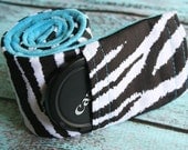 Camera Strap Cover with Lens Cap Pocket - Black Padded Minky - Zebra and Teal