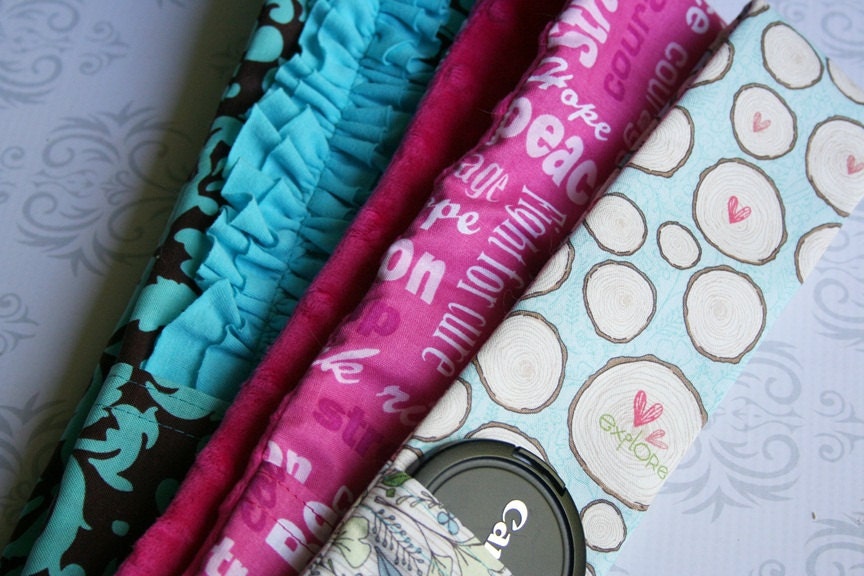YOU PICK 3 PACK - One Ruffled, One Minky and One Reversible Camera Strap Covers All Padded with Lens Cap Pockets