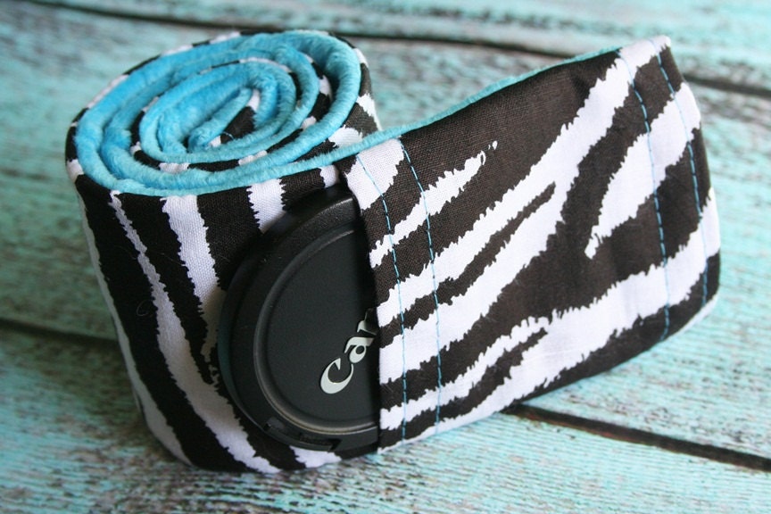 Camera Strap Cover with Lens Cap Pocket - Black Padded Minky - Zebra and Teal- MADE TO ORDER