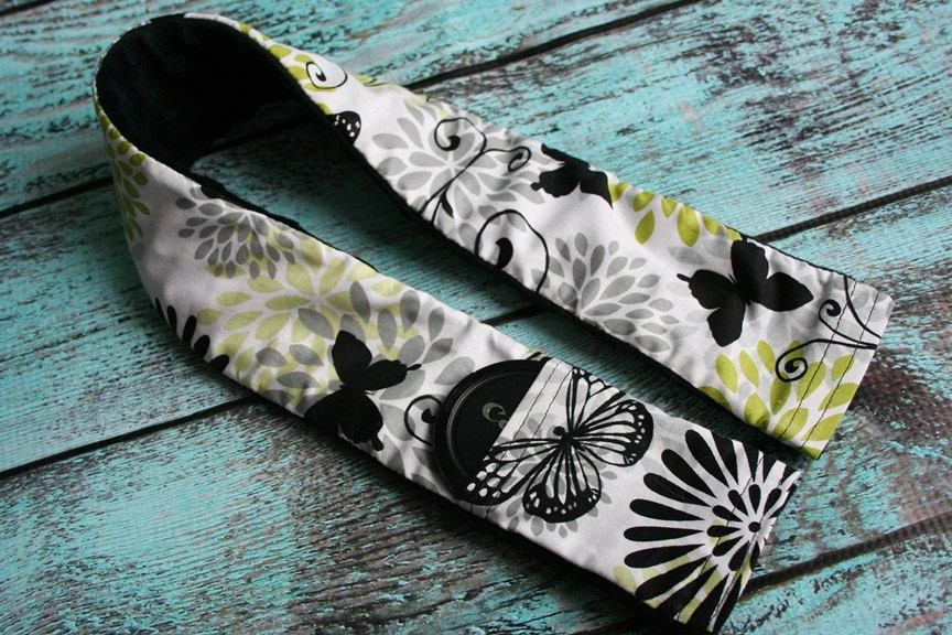 Camera Strap Cover with Lens Cap Pocket - Padded Minky - Green and Black Butterflies with Black Minky- MADE TO ORDER