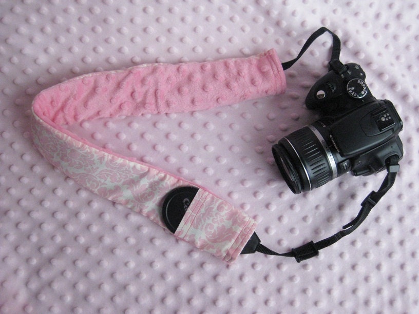 Camera Strap Cover with Lens Cap Pocket - Padded Minky - Green and Black Butterflies with Black Minky- MADE TO ORDER