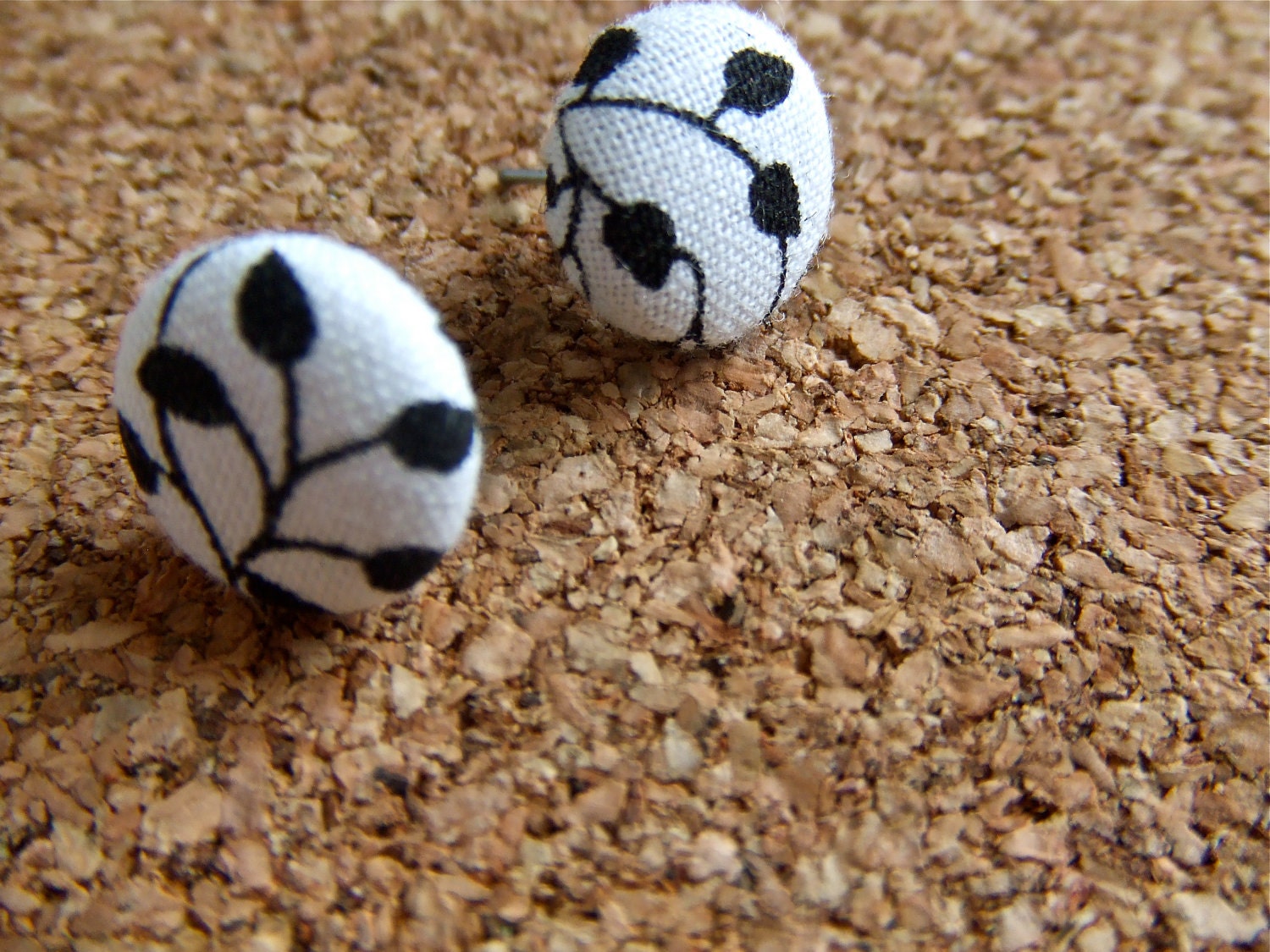 Black and White Vines- Fabric Button Earrings