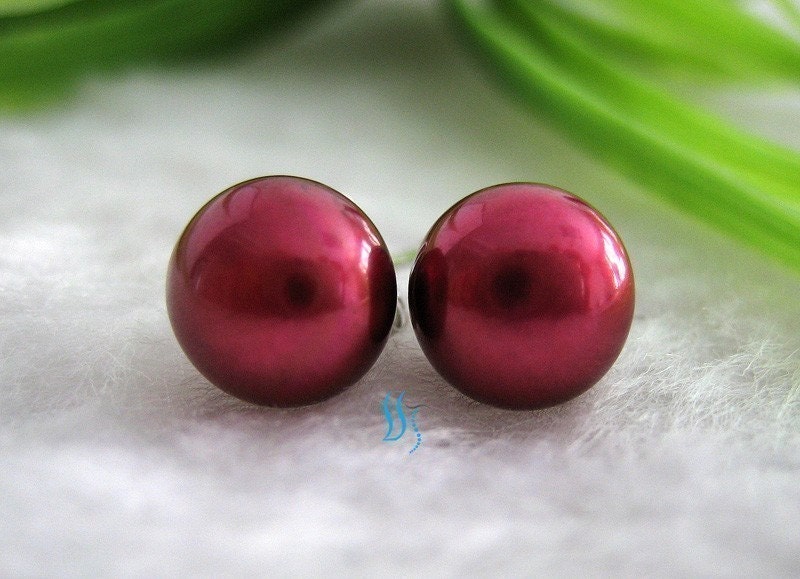 Pearl Earrings - AAA 7.5-8.0mm Dark Red Freshwater Pearl Stud Earrings - Free shipping