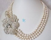 Pearl Necklace - 20-23 inches 3 Row White Pearl Necklace with Big Flower - Free shipping