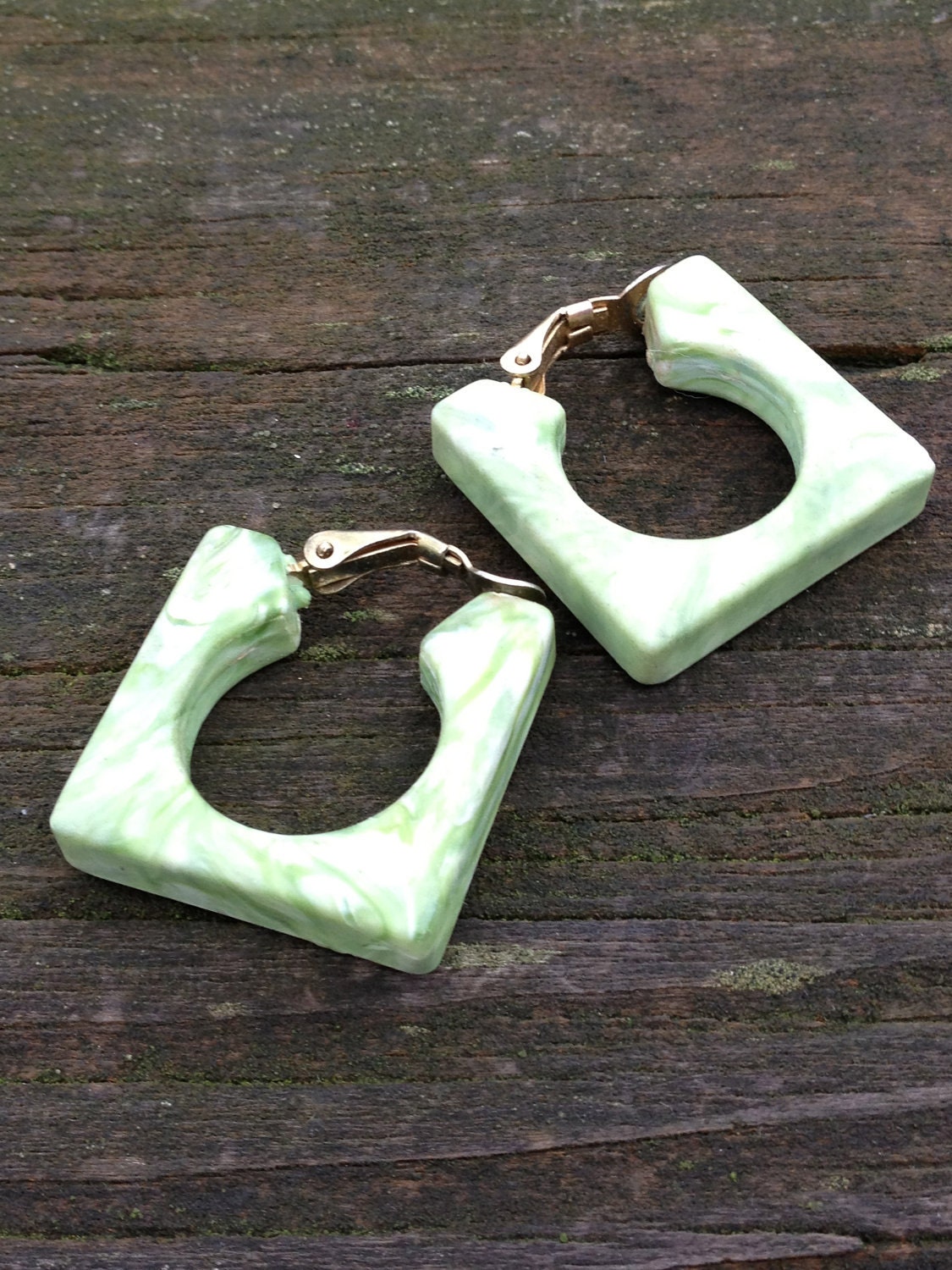 Vintage Hong Kong faux jade square clip on earrings
