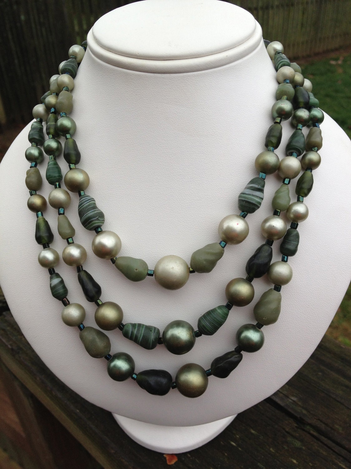 Shades of green gorgeous signed Japan 3 strand necklace