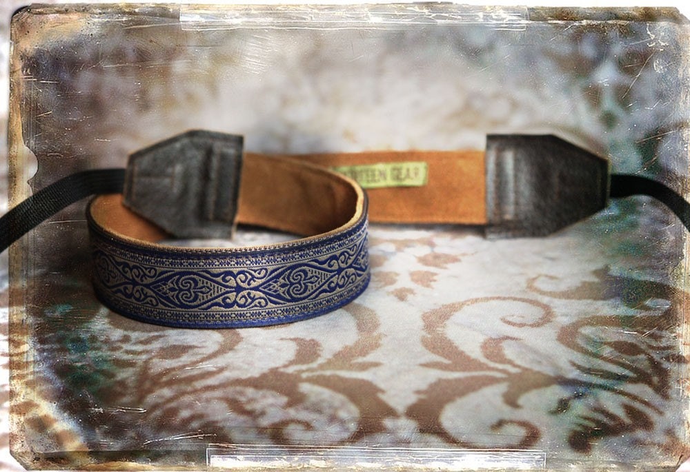 Blue Damask Leather and Suede Camera Strap