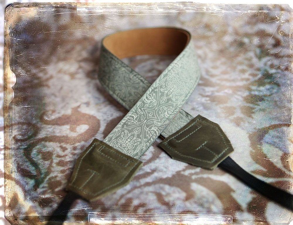 NEW - Green Damask Leather and Suede Camera Strap